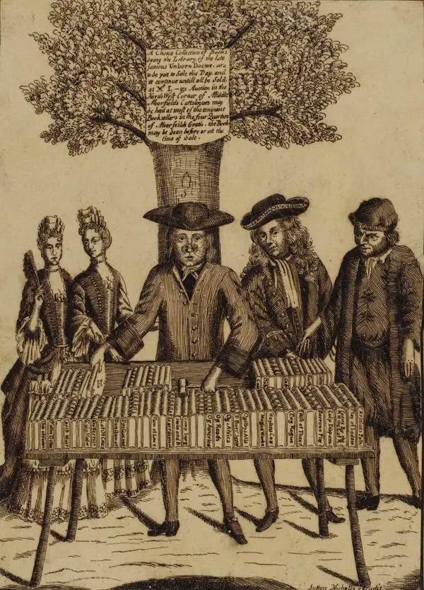Book seller with stall under a tree in Moorfields, c.1750