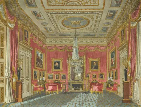 Carlton House: Interior showing the Rose Satin Drawing Room, 1821