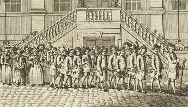 Chained convicts from Newgate Prison, Old Bailey, being taken to Blackfriars for transportation, 1760