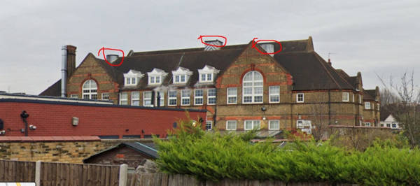 View of Childs Hill Primary School, with neo-Gothic turrets missing
