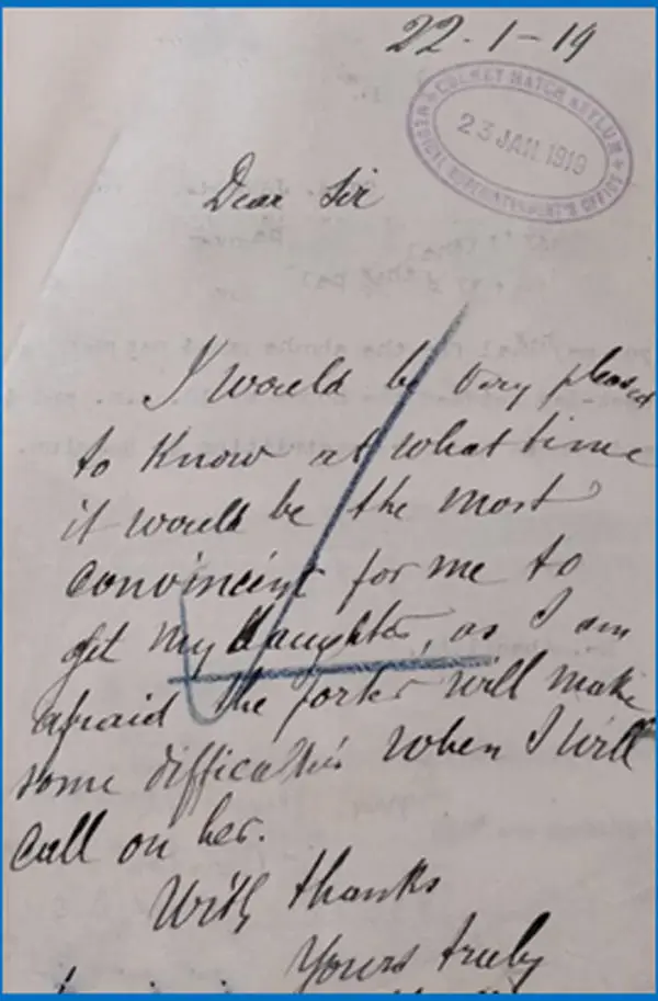 A hand written letter from Leonie’s father, to Colney Hatch Mental Hospital, 1919
