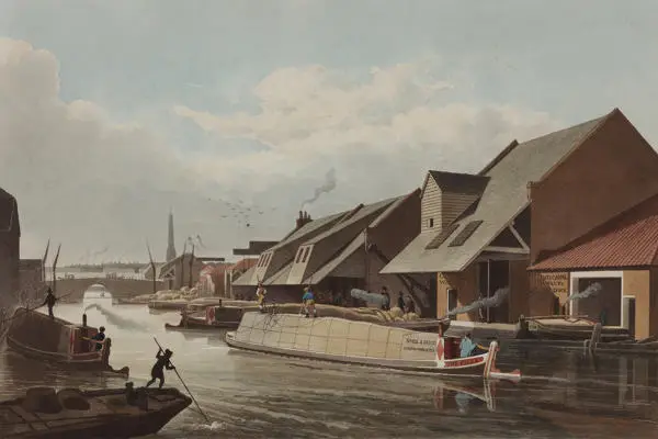 A view of the City Road Basin on Regent's Canal, Finsbury c1830, with barges and waterside industrial buildings