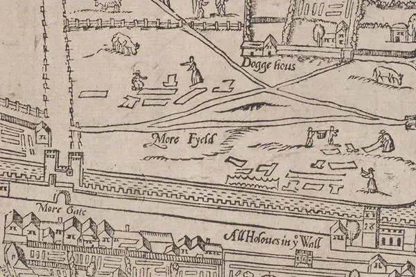 Detail of Moorfields on the Civitas Londinium map, 1633