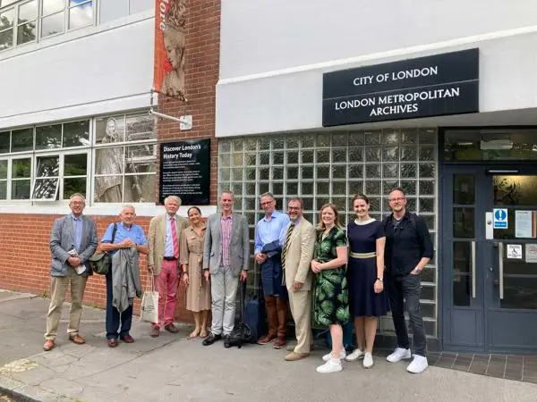 The Clockmakers' group gather outside the LMA in Clerkenwell ready to start their visit, June 2022