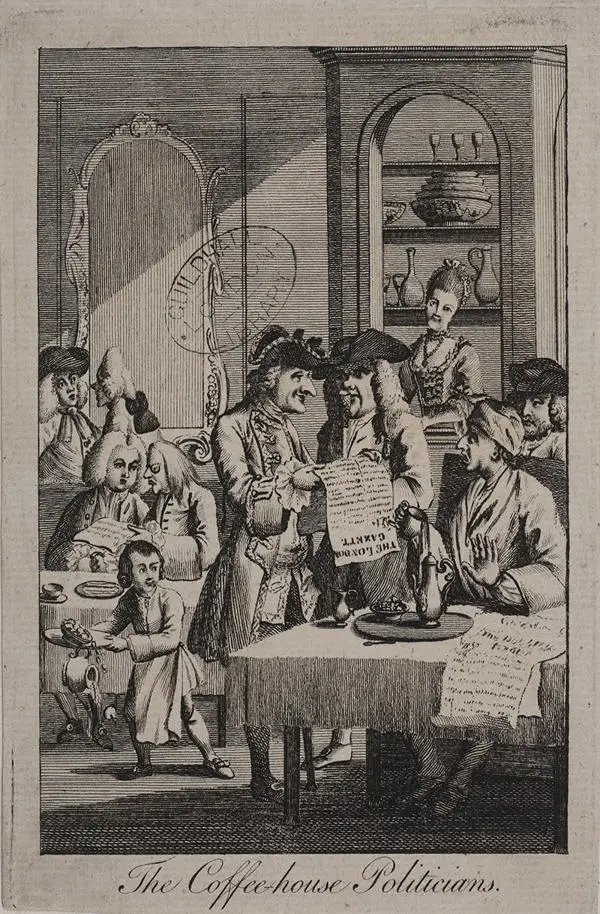 Illustration of men speaking intimately over newspapers – there is a woman standing behind the bar at the back of the room.