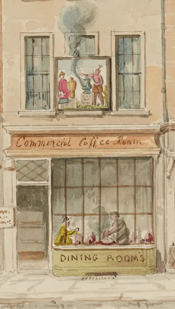 Watercolour of the front elevation of Mr Sanders' Coffee and Eating House at 32 Newgate Street in 1871