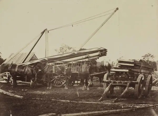 Horse & carts deliver materials from Hyde Park, to construct the Crystal Palace at Sydenham, 1852
