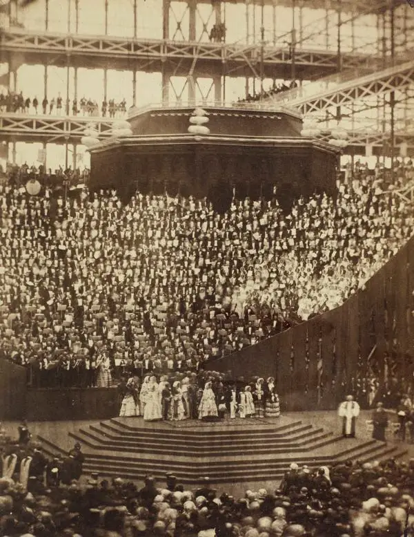Queen Victoria, Prince Albert and a large crowd at the opening ceremony, 1854.