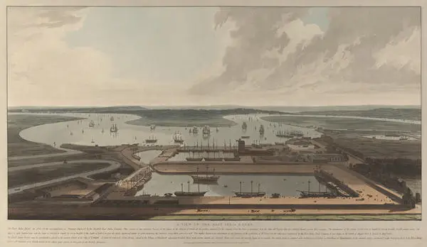 Coloured engraving showing a birds eye view of the East India Docks