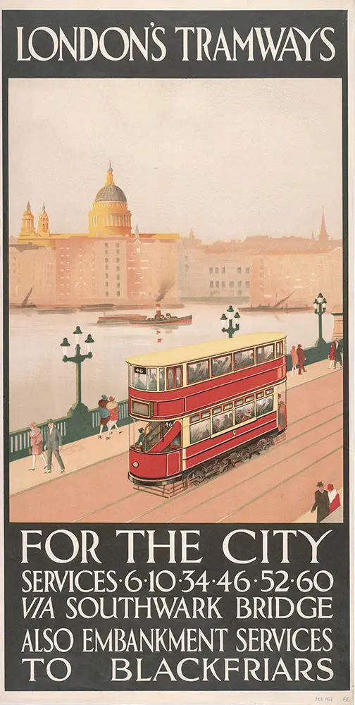 London Tramways poster showing the Thames embankment with a tram in the foreground