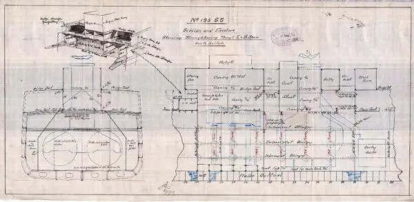 Plan of section and elevation showing strengthening through engine and boiler space for the ship ' Federal', 11 December 1889