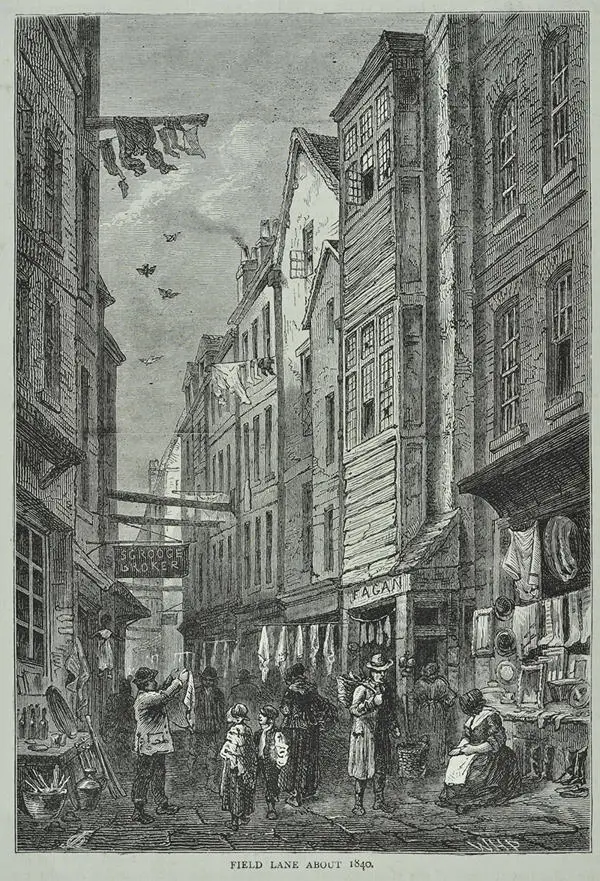Illustration of a narrow busy street surrounded by four-storey buildings – there are two shop stalls in the foreground
