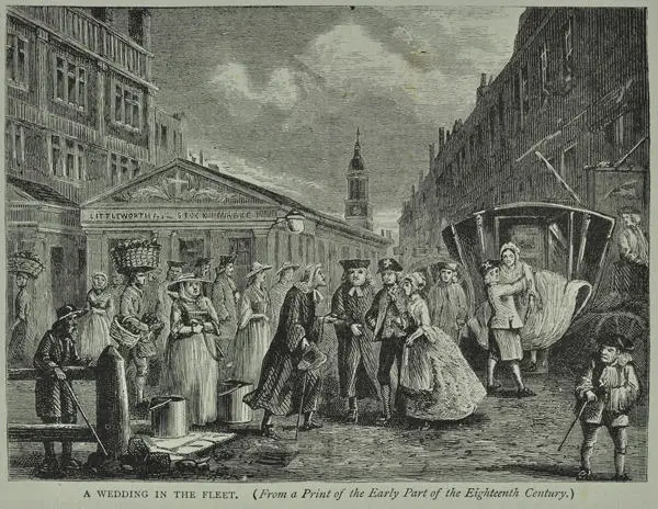 Illustration of a street scene. A couple dressed for their wedding stand before two men in dressed as judges. Another couple step out of a carriage. In the background, a crowd of people stand in front of two small buildings of Fleet Market