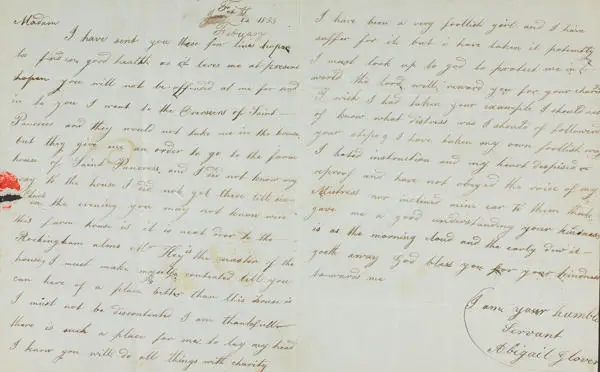 Hand written letter from Abigail Glover to Miss Sparrow at the Foundling Hospital, February 1833