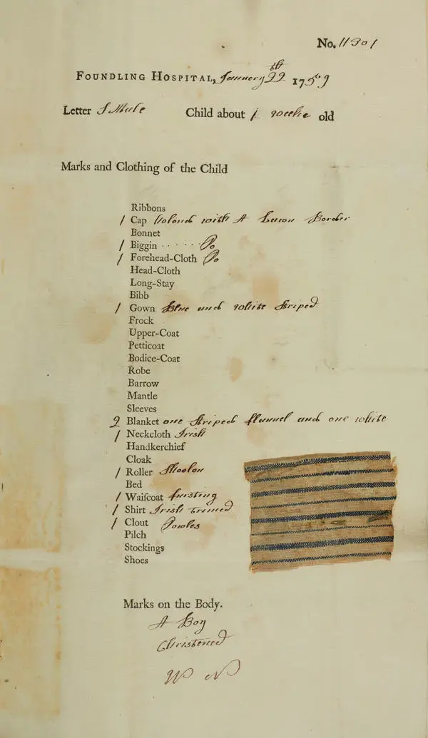 Entry no. 11301, in the billet book for January 1759, listing the clothing the child was wearing and a piece of fabric cut from a gown being worn