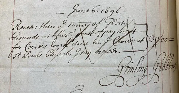 Grinling Gibbons Signature in a St Paul's Cathedral remittance book