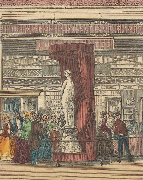 Engraving of a a statue at the Great Exhibition of 1851 depicting a Greek slave in white marble