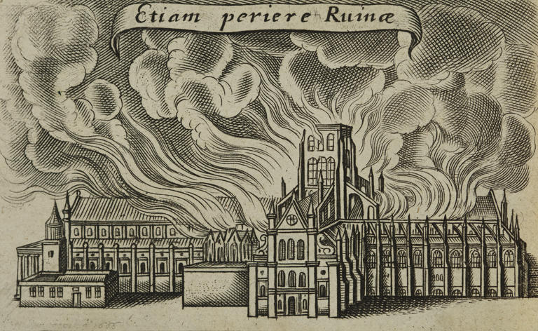 The medieval St Paul's Cathedral, burning down in the Great Fire of London, 1666