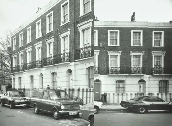 Two images of Greenland Road, Camden in 1975, both showing Vauxhall Firenza registration UHO 555M