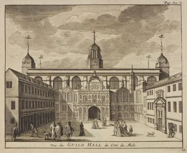 Front view of Guildhall, looking north, with figures in Guildhall Yard, 1707