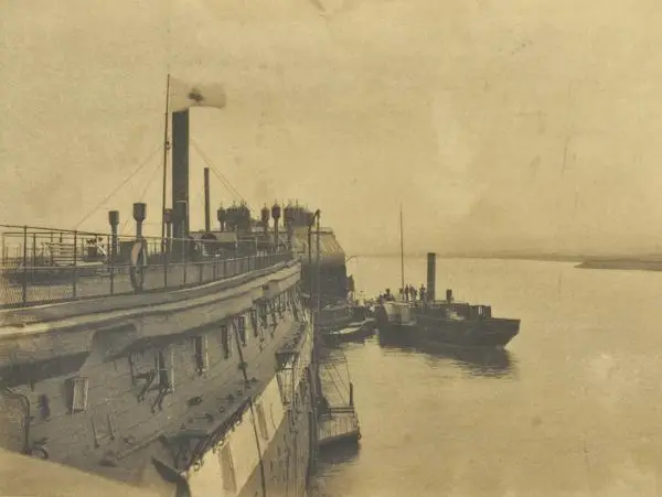 View of hospital ship 'Castalia', with ambulance steamer, moored on the Thames c.1890