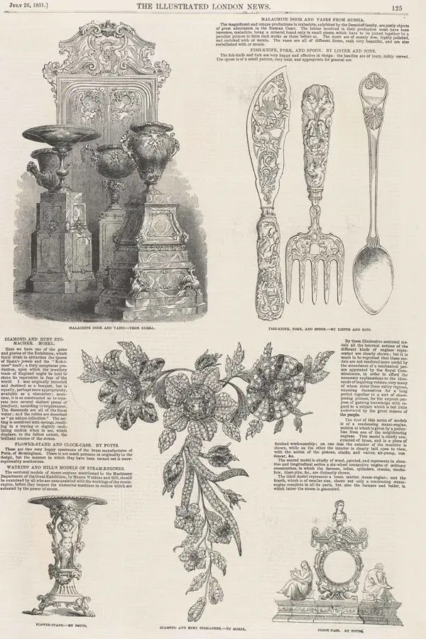 Page from the Illustrated London News, July 1851, showing individual items on display at the Exhibition