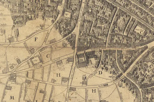 Close-up of Cornhill & Leadenhall Street area John Leake's Survey of the Ruins of London, 1667