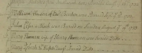 Parish Register for All Hallows Church in Tottenham, North London including a reference to “Julius Cesar a Black was Buried on Sunday August y [the] 19th 1733"