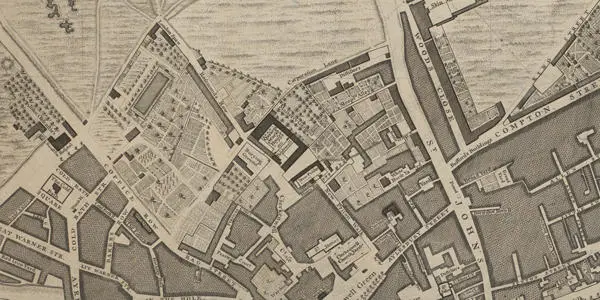 John Rocque's map of London showing the area where LMA now resides