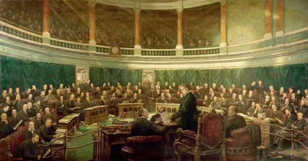 View of the first meeting of the London County Council in the County Hall Spring Gardens, 1889