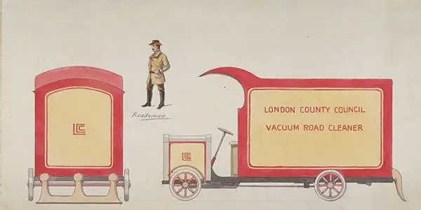 Design for a proposed London County Council vacuum road cleaner, 1925