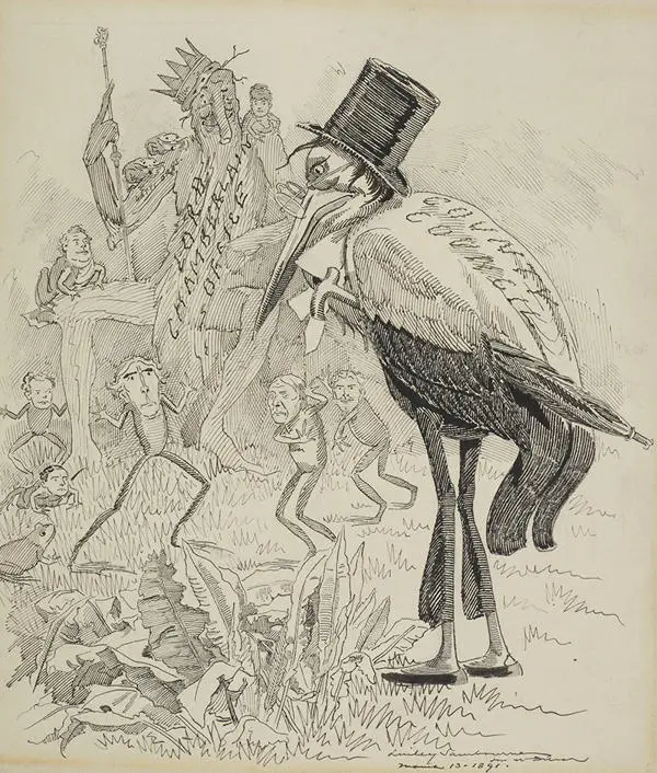 A satire of a stork (representing the LCC) overseeing the small actor-figures who turn for support from the King Log (the Lord Chamberlain), 1891 (LPA 20822)