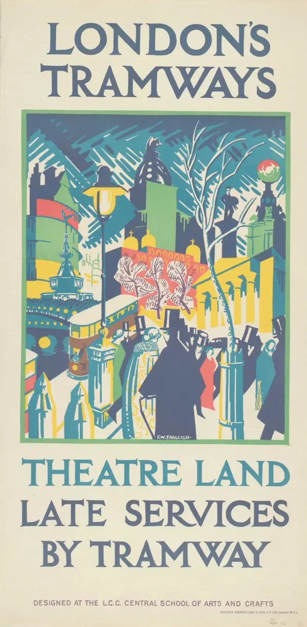 London County Council Tramways poster showing a night-time scene in London's West End, 1923.
