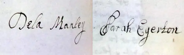 The signatures of Manley and Egerton after their depositions. Ref: DL/C/0248