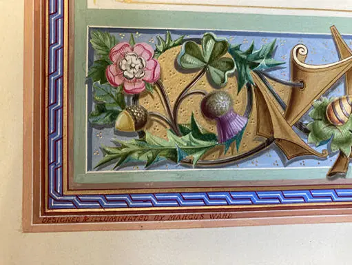 A section of the hand painted border with thistle, acorn, tudor rose and the shamrock of the company’s logo, 1869