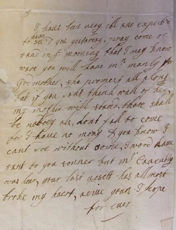Mary Thomson letter, written to Peter Pheasant in 1703