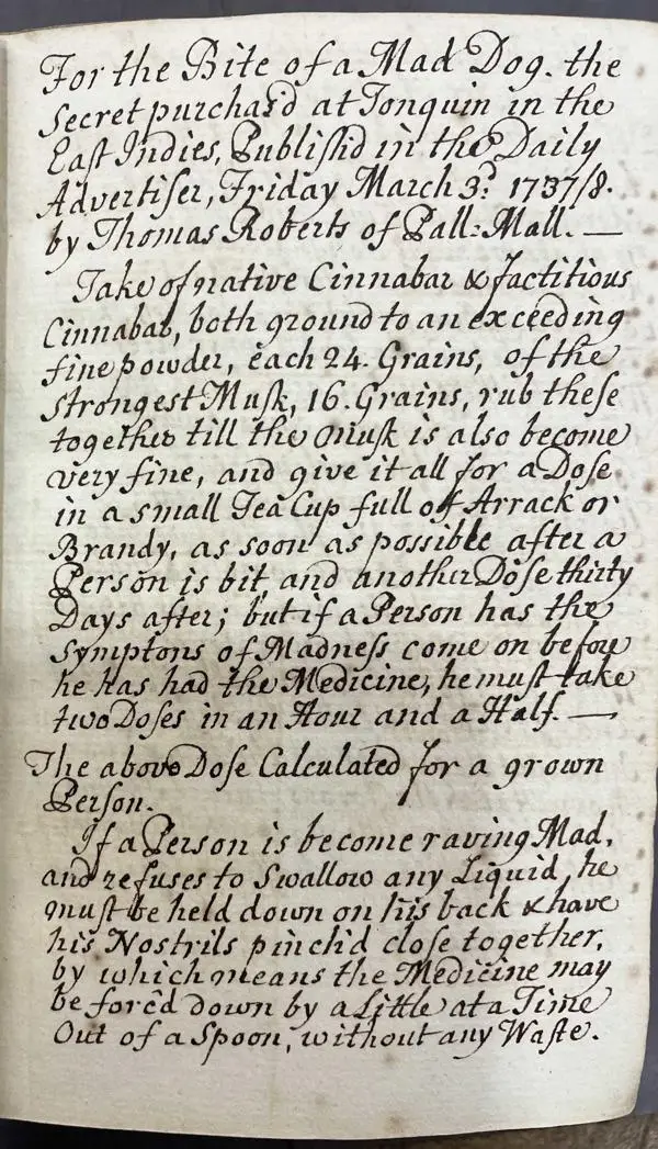 Eighteenth century recipe for treating the bite of a mad dog