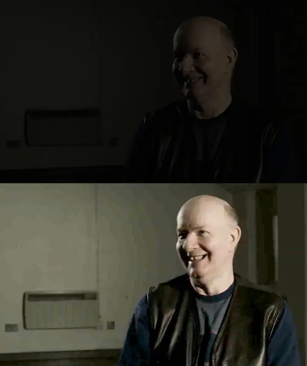 Still image of filmed interview with George Hodson, showing the before and after colour grading