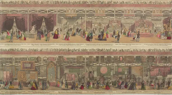 Panoramic view of the Great Exhibition, with the upper half showing exhibits from Sweden and Norway, Denmark and Zollverein, the lower half shows exhibitions of cotton and leather goods