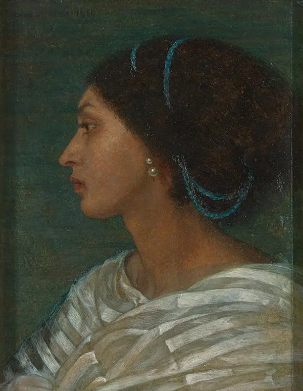 Oil painting showing Fanny Eaton in profile, facing left from the viewers perspective
