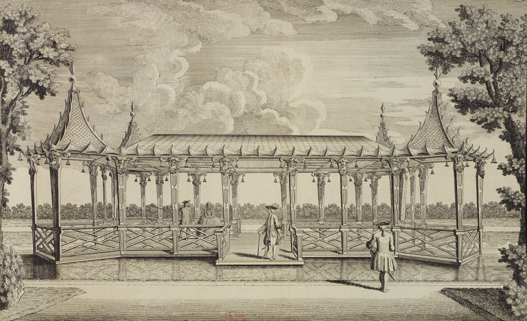 The 'Chinese House' a covered structure on the canal, at Ranelagh Gardens, c.1750