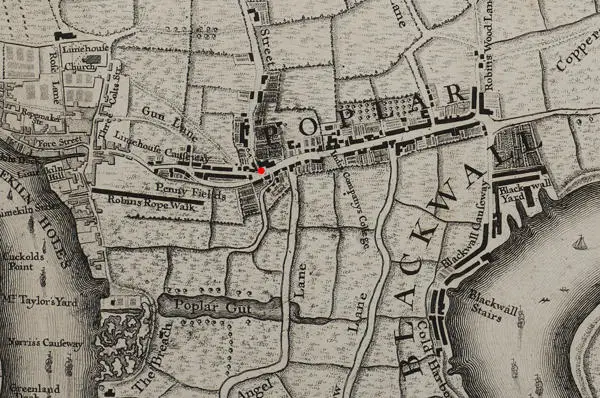 Location of the White Horse on Poplar Street from ‘Roque 10 miles around London 1746’ map