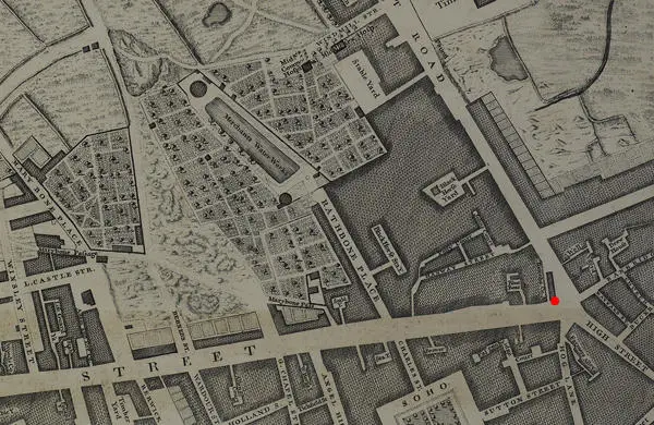 Location of Julius Caesar Taylor's Molly House just off Tottenham Court Road from John Roque 1746 map