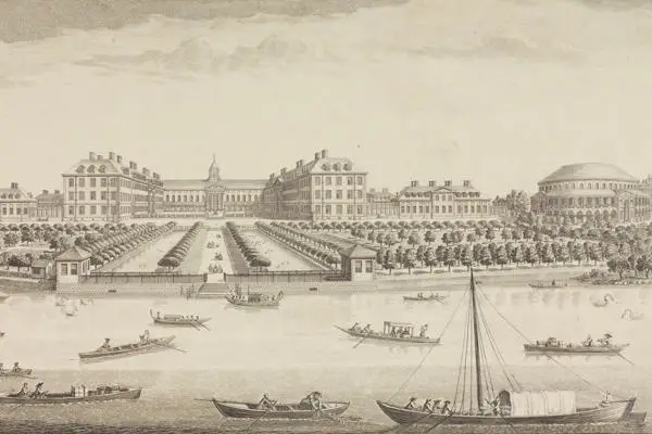 Royal Hospital Chelsea with The Rotunda in Ranelagh Gardens on the right, 1751