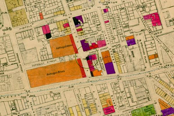 Close up of Selfridges on the London County Council Bomb Damage Map, 1945