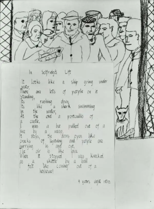 Poem in Selfridge's lift, by children at Gateforth Primary School,  1964