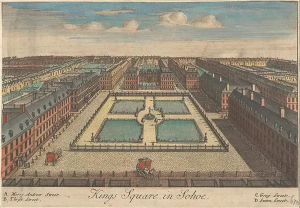 View from the rooftops showing the layout of Kings Square, now known as Soho Square.