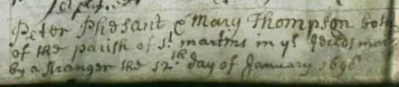 Part of the register of St Botolph Aldersgate, showing the Pheasant entry in 1698