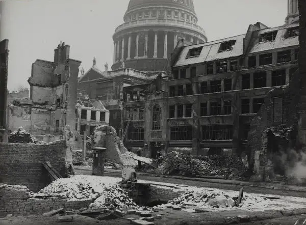 Bomb damage on the south side of Paternoster Square, looking towards St Paul's Cathedral, 1940
