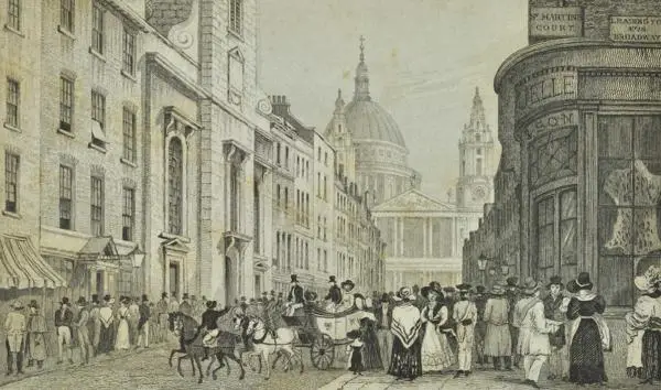 St Paul's Cathedral, exterior and surrounding streets, from Ludgate Hill, 1830